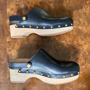 J. Crew Black Leather Clogs with Gold Accents